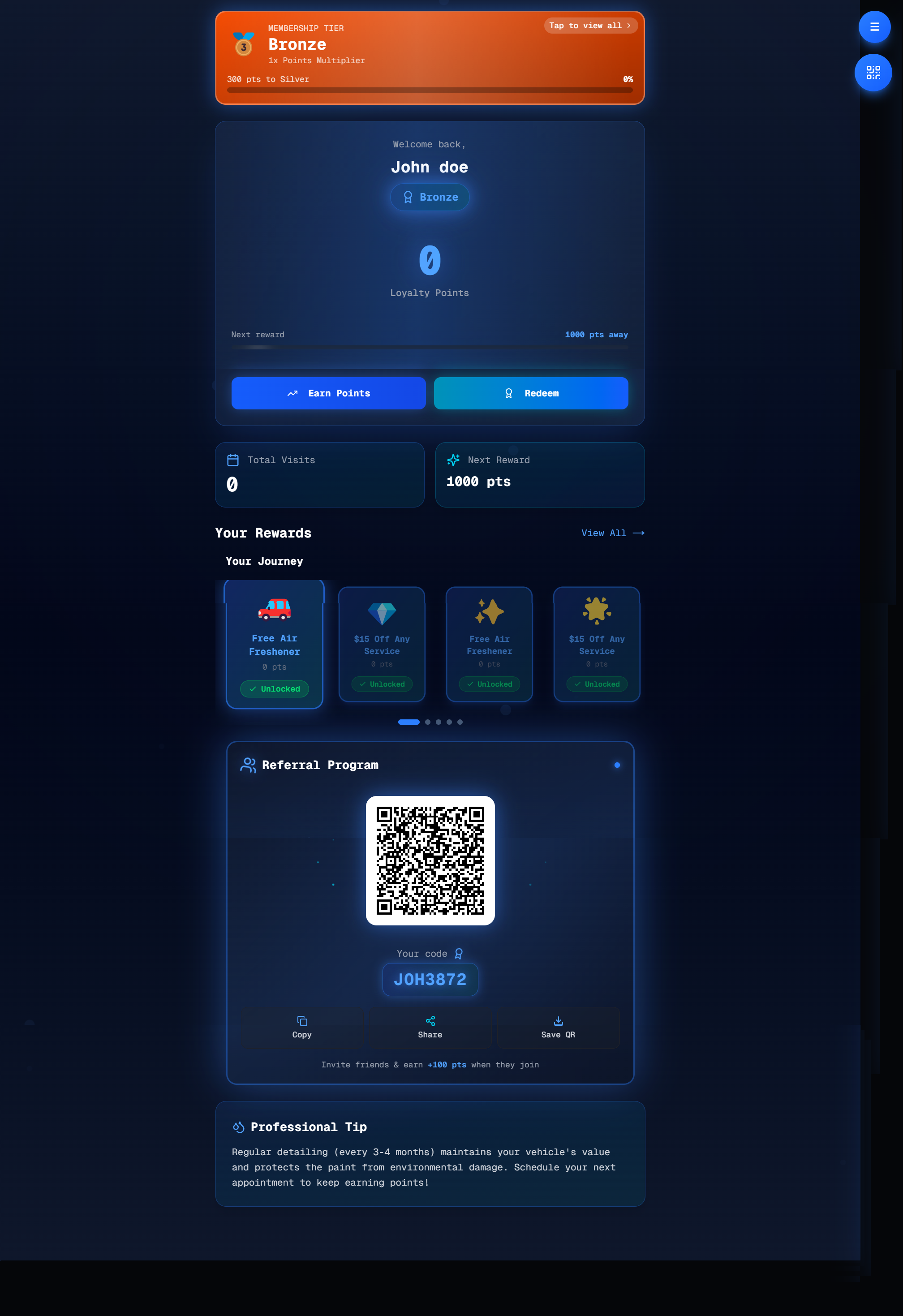 Customer Portal - Loyalty wallet showing points balance, challenges, and rewards